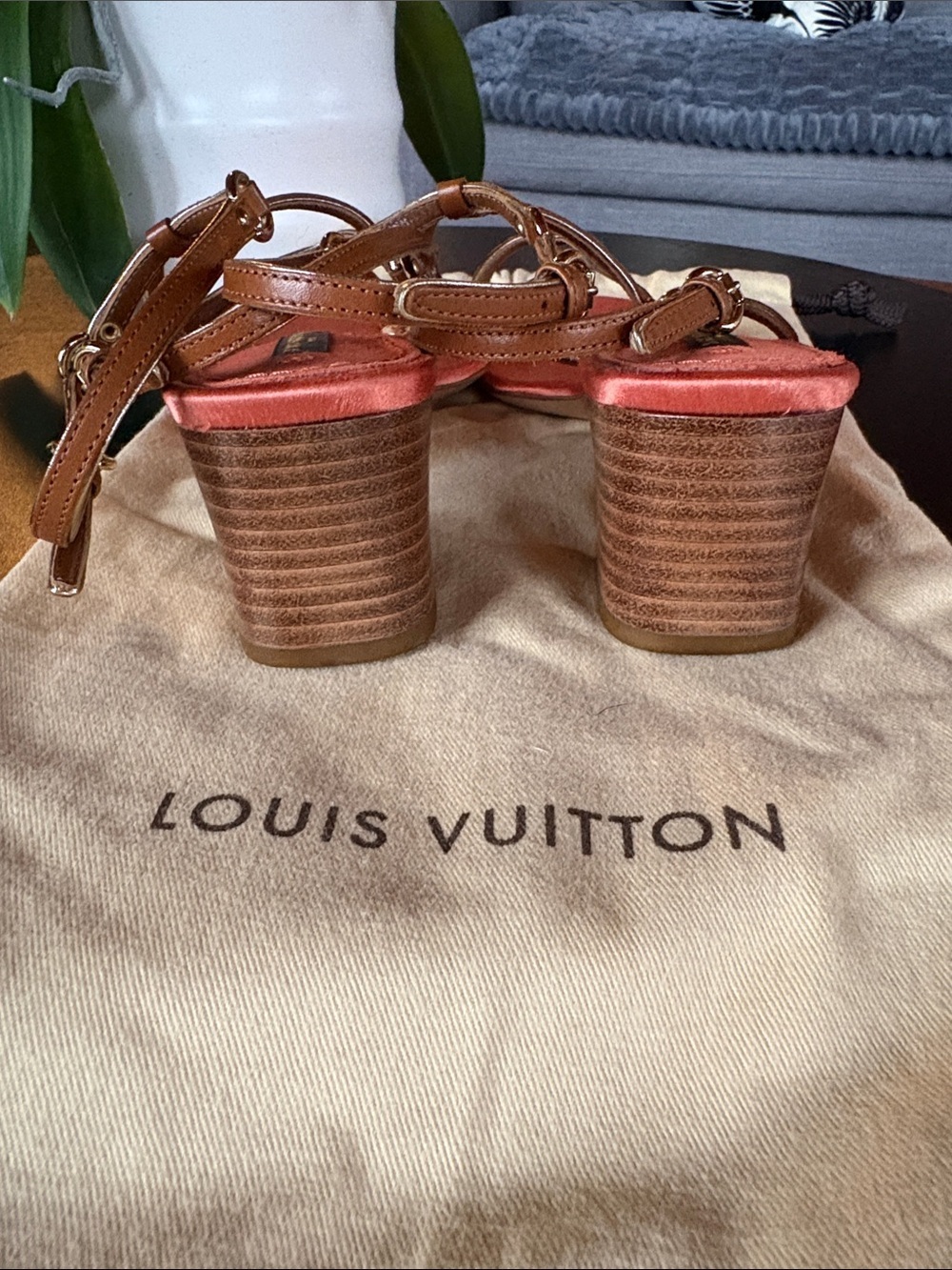 Louis Vuitton Coral and Tan T-Strap Sandals with Gold Hardware - Picture 8 of 12